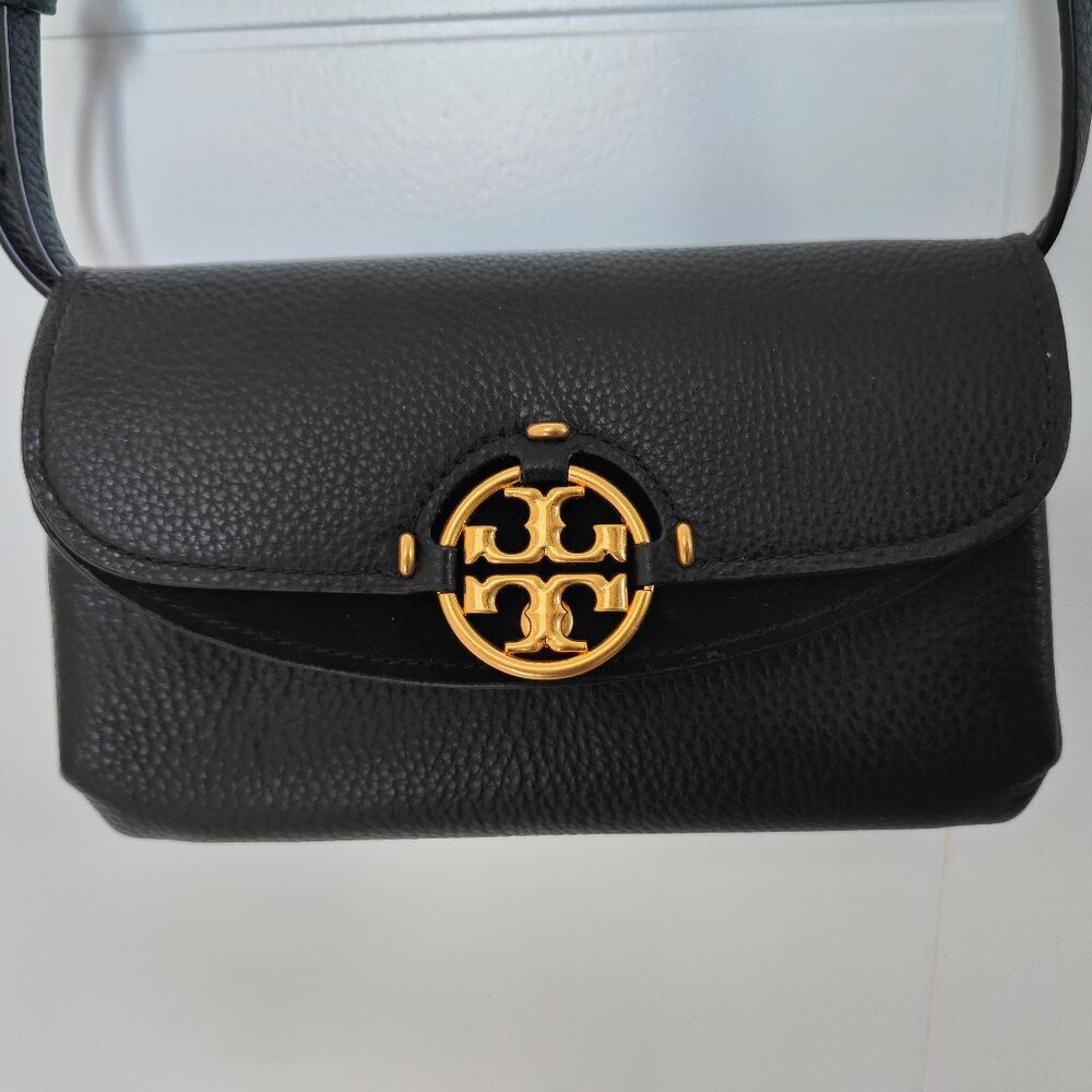TORY BURCH Black Miller Crossbody Wallet on Strap - Pebbled & Suede Leather NWOT